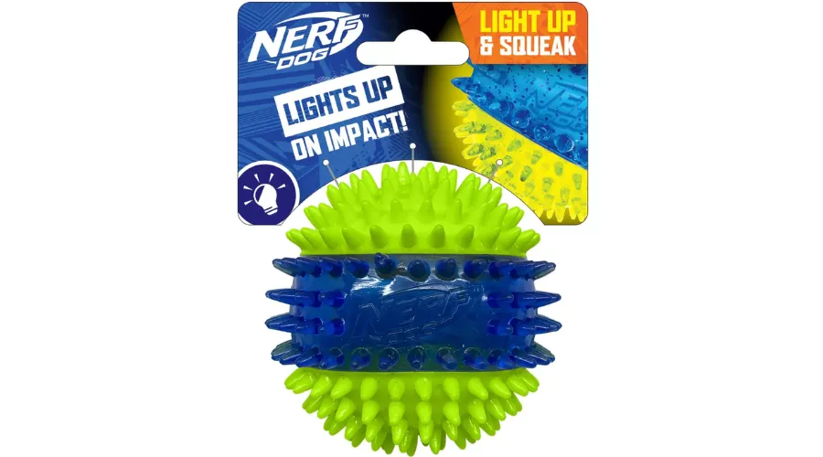 NERF 2.7” Translucent TPR 3-Part Spike LED and Squeak Ball Dog Toy- GreenBlue