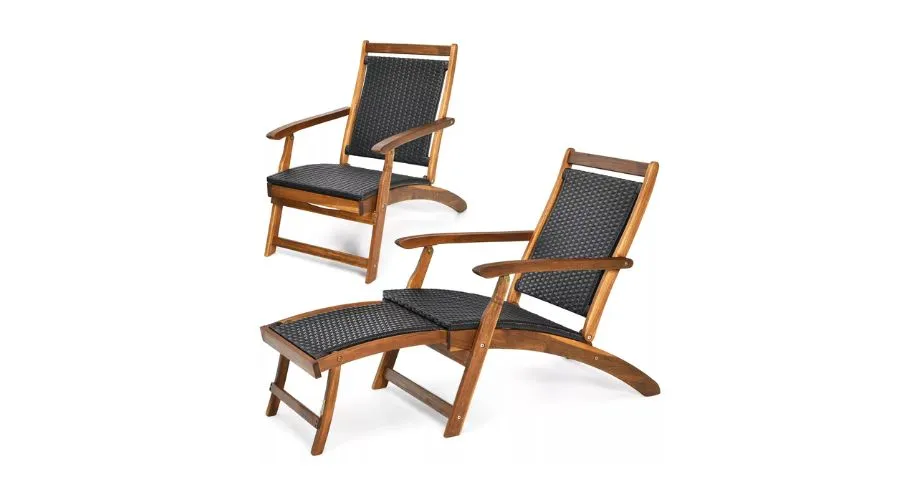 Tangkula 2PCSPatio Folding Rattan Chaise Lounge Chair Acacia Wooden Frame