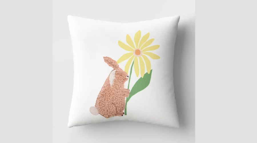 Square Bunny and Flower Throw Pillow